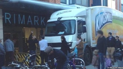 Top that: A Kingsmill lorry became wedged under a Primark canopy in Cambridge this week. Photograph courtesy of Felicity Price