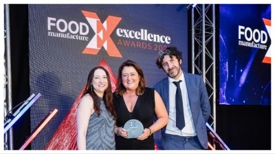 L-R: Bethan Grylls, editor of Food Manufacture, Fran Ball VP of production at Arla, and Mark Watson, comedian and special guest host for 2024's awards