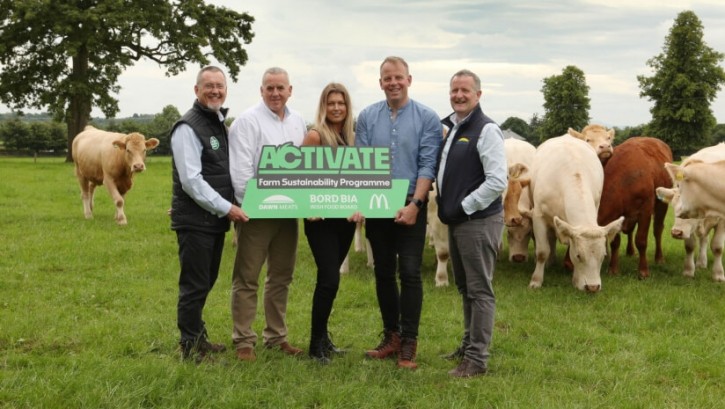 L-R: Jim O’ Toole, chief executive officer of Bord Bia, Alistair Macrow, chief executive officer of McDonald's UK & Ireland, Laura Henderson, VP UK & Ireland supply chain of McDonald’s, John Phelan, Activate farmer, and Niall Browne, chief executive officer of Dawn Meats at the launch of the new sustainability programme. Credit: Dawn Meats